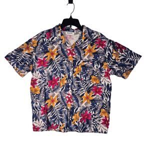 Vintage Selene Sport Tropical Raw Silk Oyster Shell Button Top Womens size L